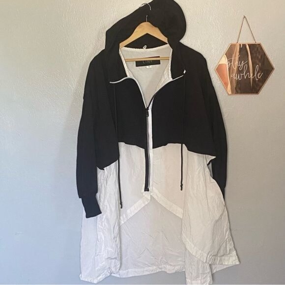L!NK Jacket Oversized Black White Hi Lo Hooded Size Medium - Picture 5 of 7